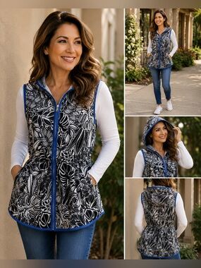Ruby Rd. Black & White Quilted Botanical Hooded Zip Vest w/ Blue Trim, Pockets